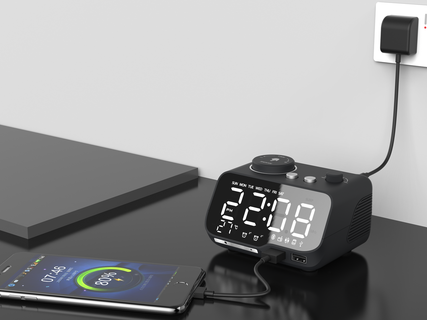 Active Bluetooth alarm clock speaker front dual USB mobile phone charging, knob adjustment function