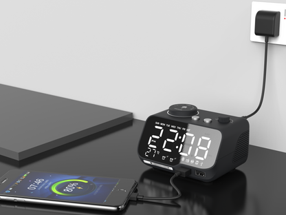 Active Bluetooth alarm clock speaker front dual USB mobile phone charging, knob adjustment function