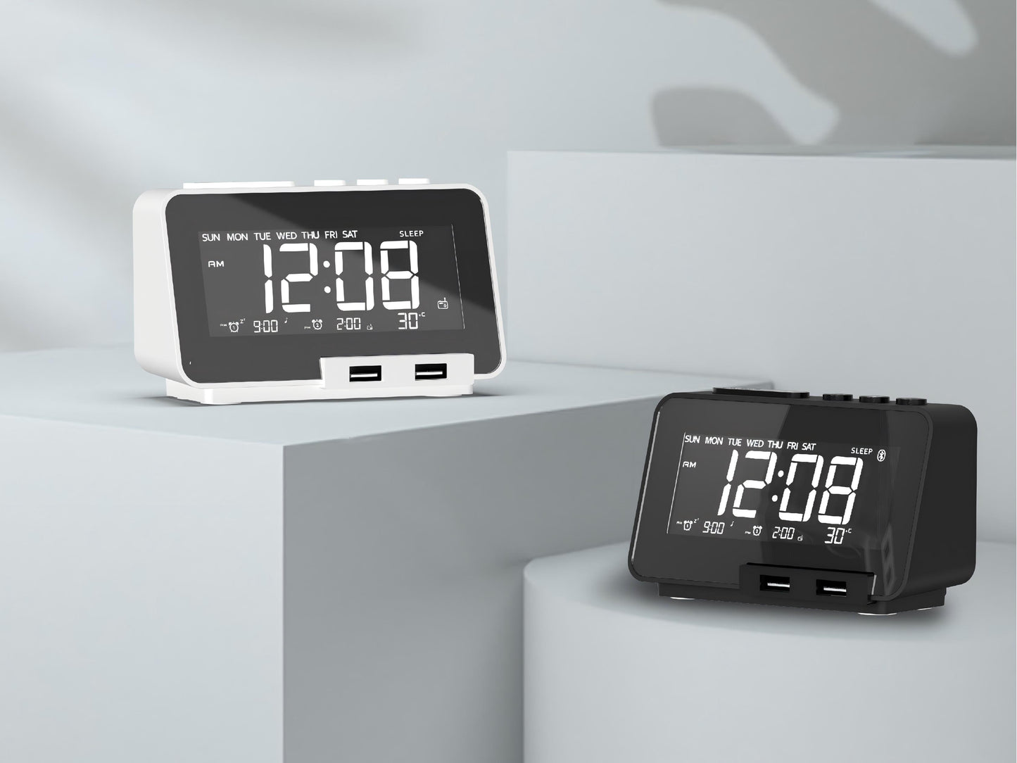 Active multi-function Bluetooth alarm clock radio plug-in charging base station with TYPE-C and dual USB charging interface